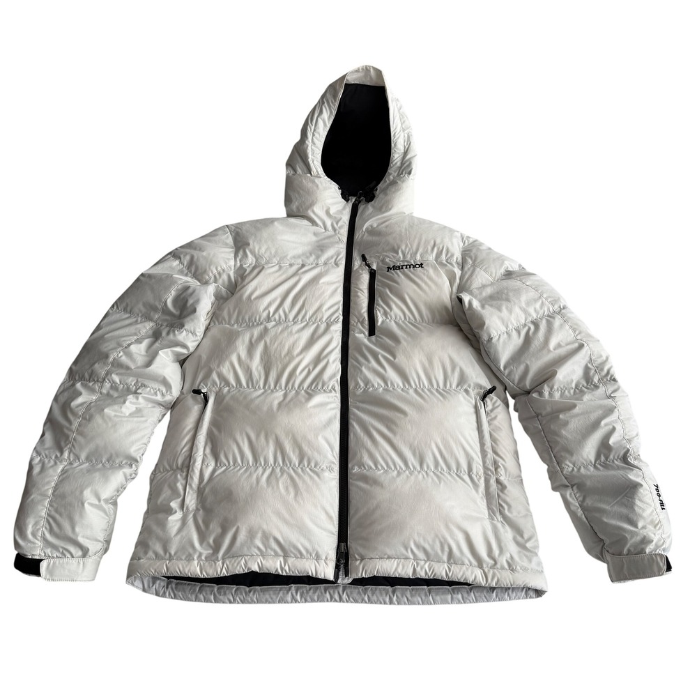 Marmot White Hooded Puffer Jacket with Black Accents